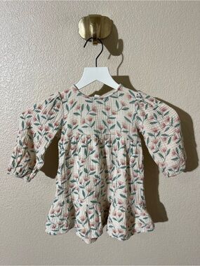 Castro  Cream Floral Long-Sleeve Ruffle Hem Dress with Pink & Green Print